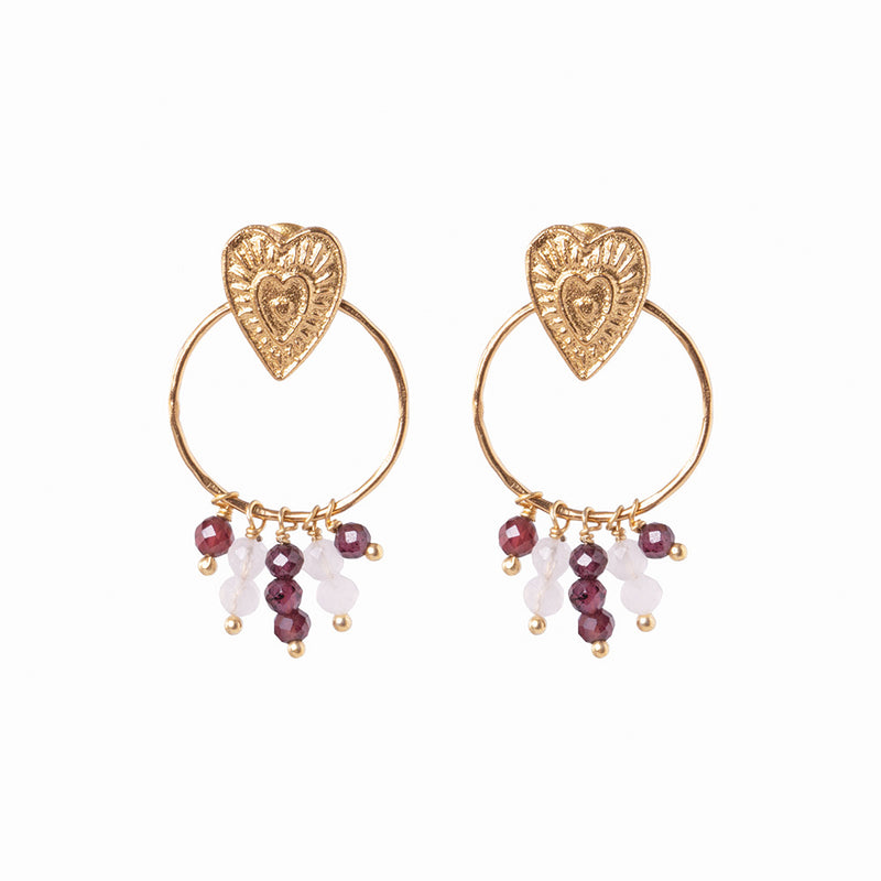 Victory  Earrings - Garnet + Rose Quartz Gold