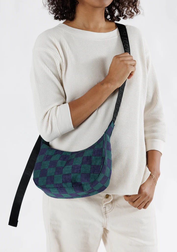 Small Nylon Crescent Bag -  Navy Green Checks