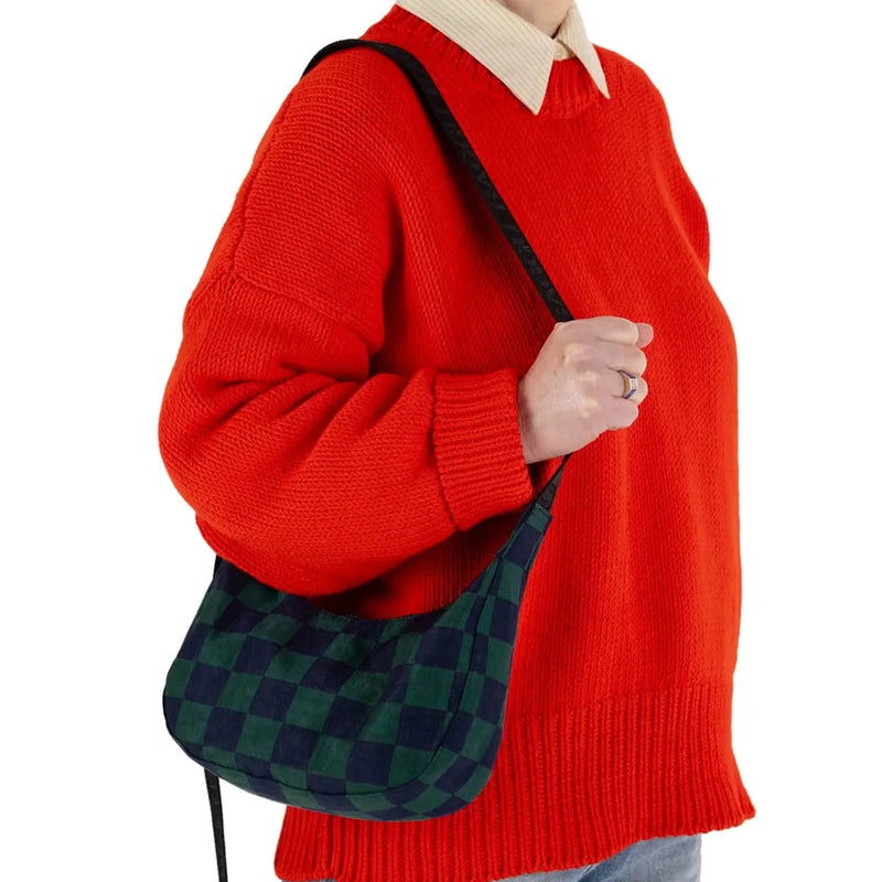 Small Nylon Crescent Bag -  Navy Green Checks
